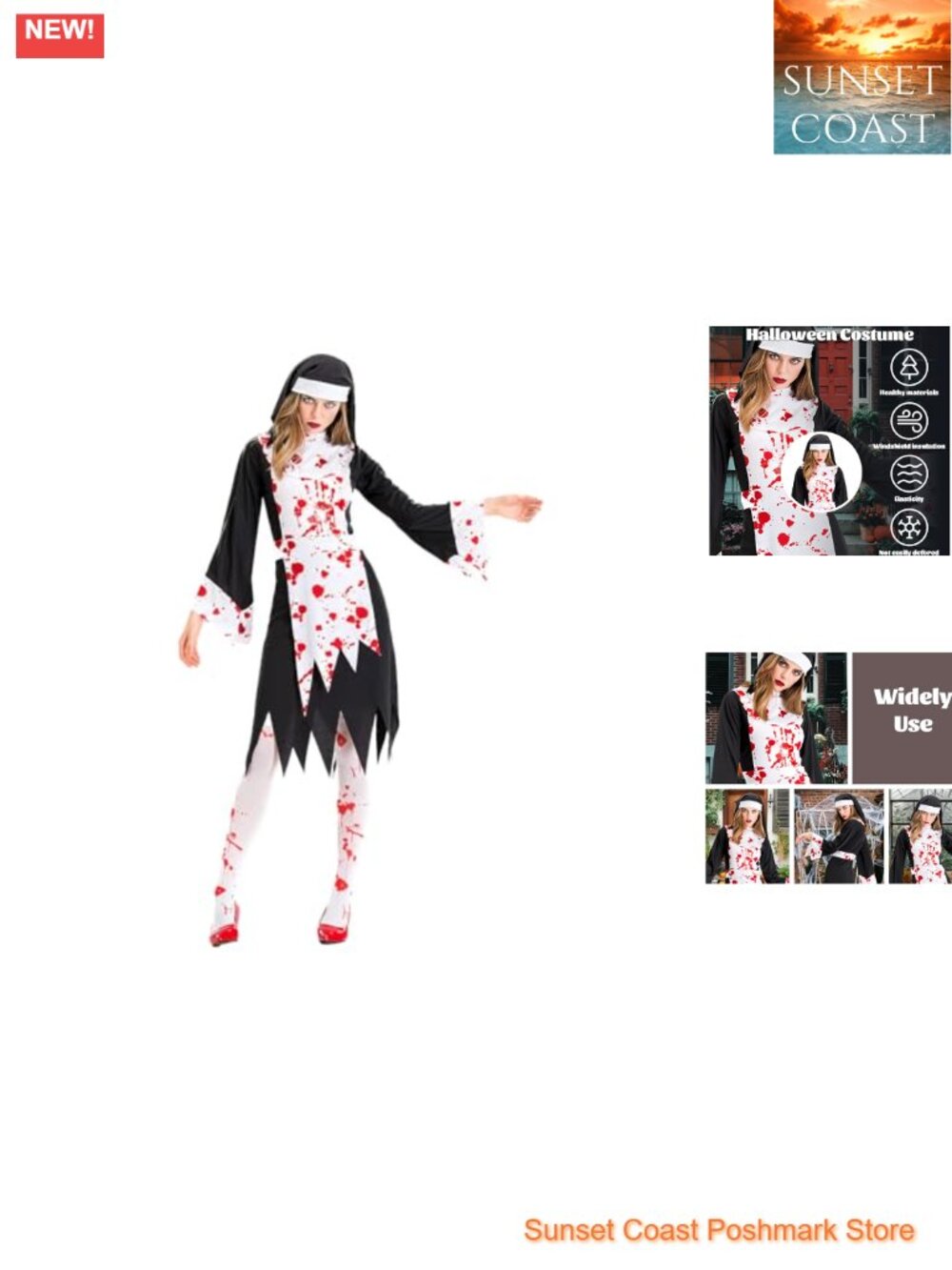 Zombie Nun Costume Set Hat Dress Apron Socks Halloween Cosplay